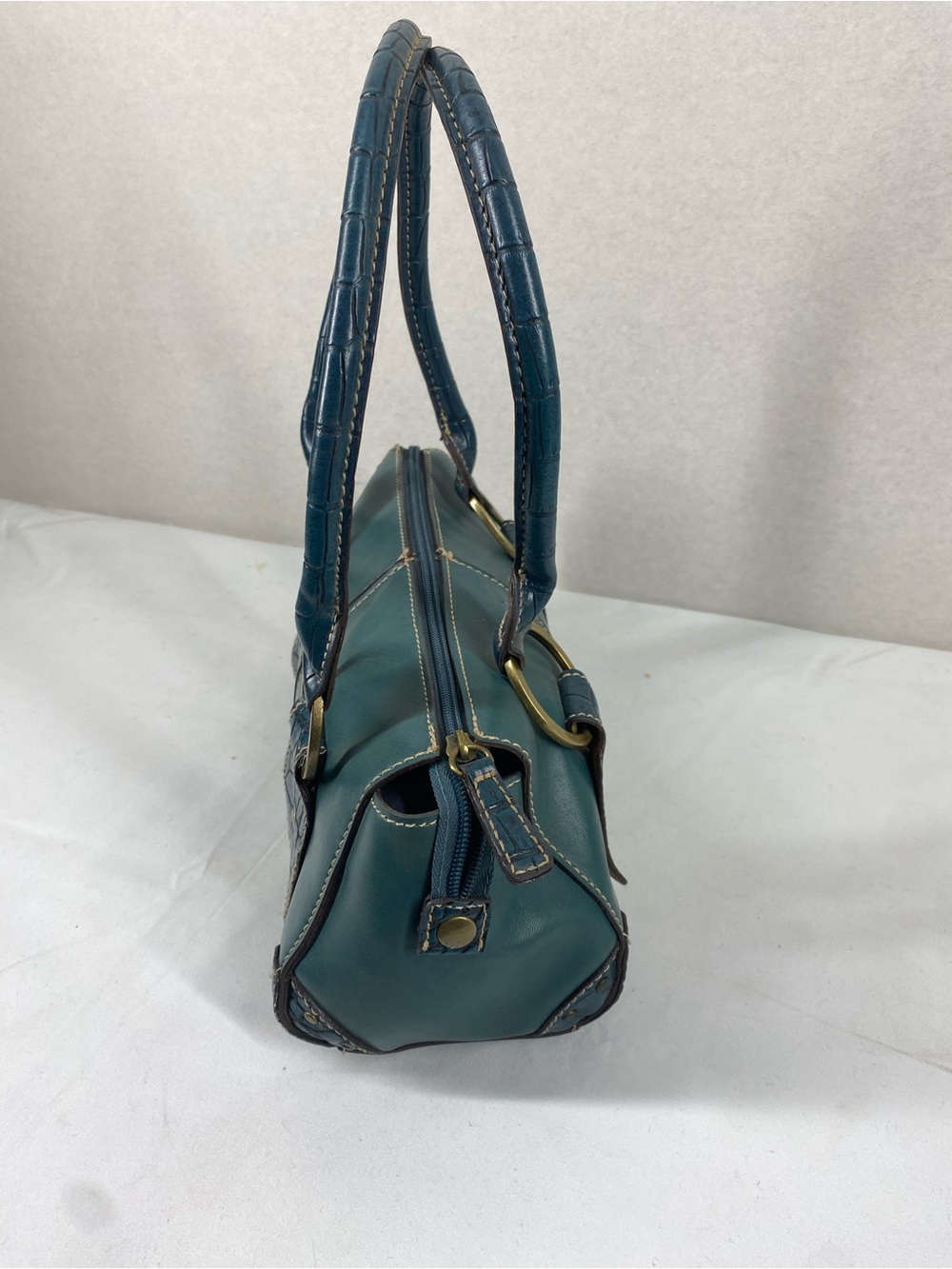 Teal Leather Barrel Tote with Gold Ring Handles - Picture 3 of 6